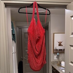 Meshki Red Sparkle Halter Mini Dress